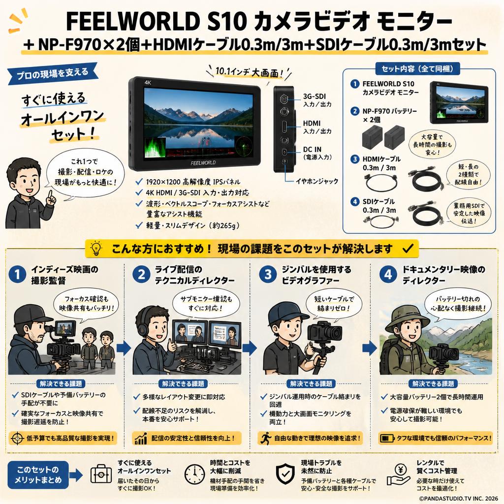 FEELWORLD S10 カメラビデオ モニター＋NP-F970×2個＋HDMIケーブル0.3m/3m＋SDIケーブル0.3m/3mセット おもな対象のお客様