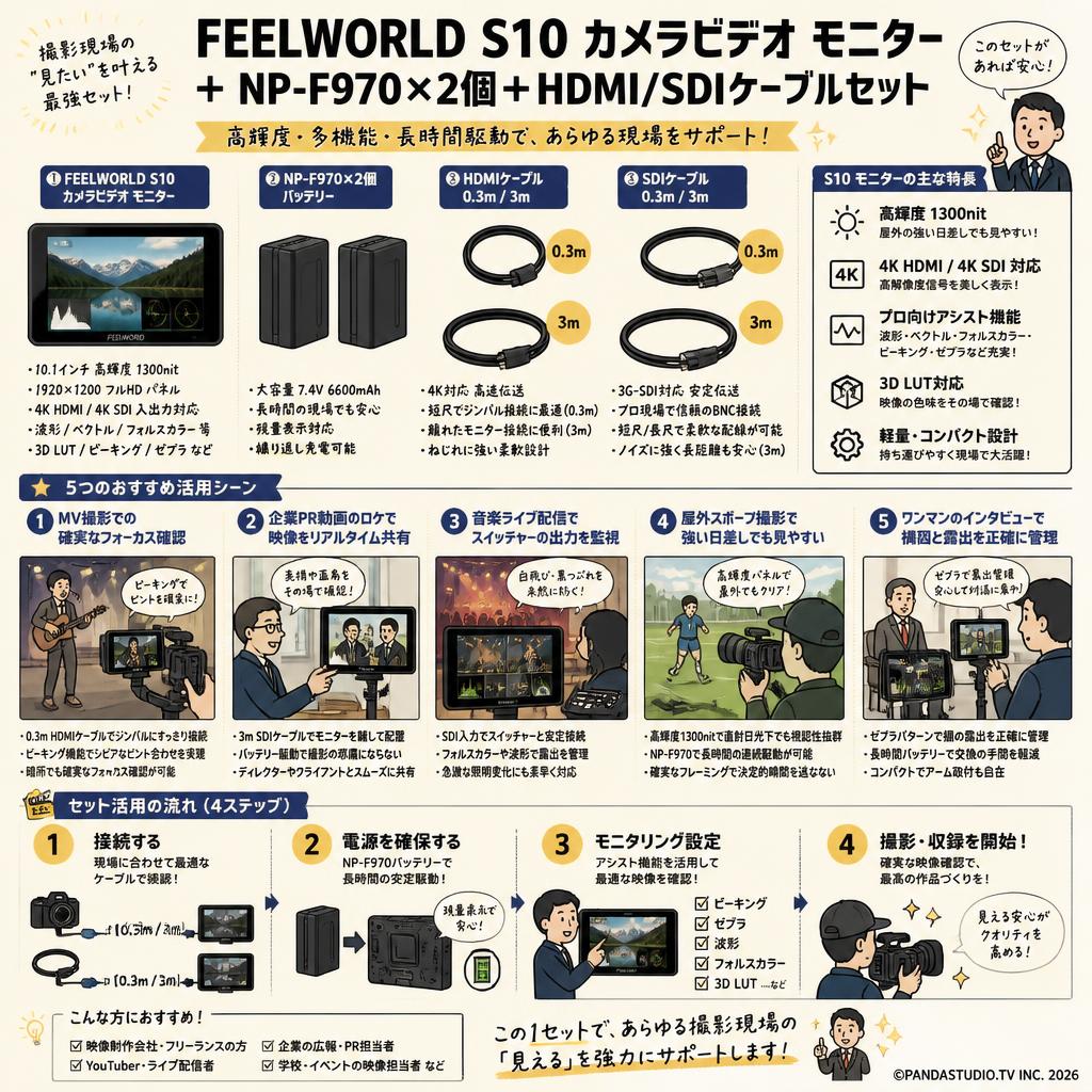 FEELWORLD S10 カメラビデオ モニター＋NP-F970×2個＋HDMIケーブル0.3m/3m＋SDIケーブル0.3m/3mセット 用途