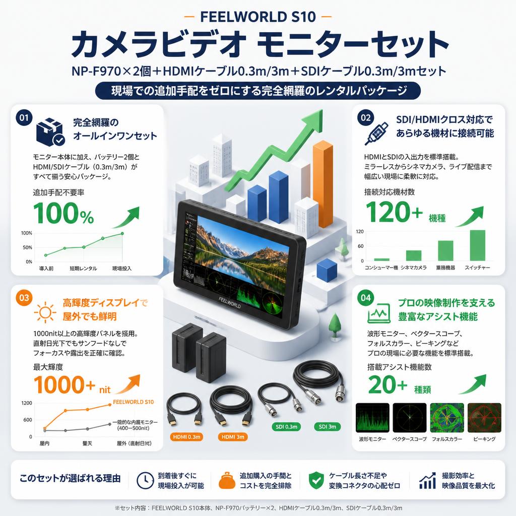 FEELWORLD S10 カメラビデオ モニター＋NP-F970×2個＋HDMIケーブル0.3m/3m＋SDIケーブル0.3m/3mセット セールスポイント