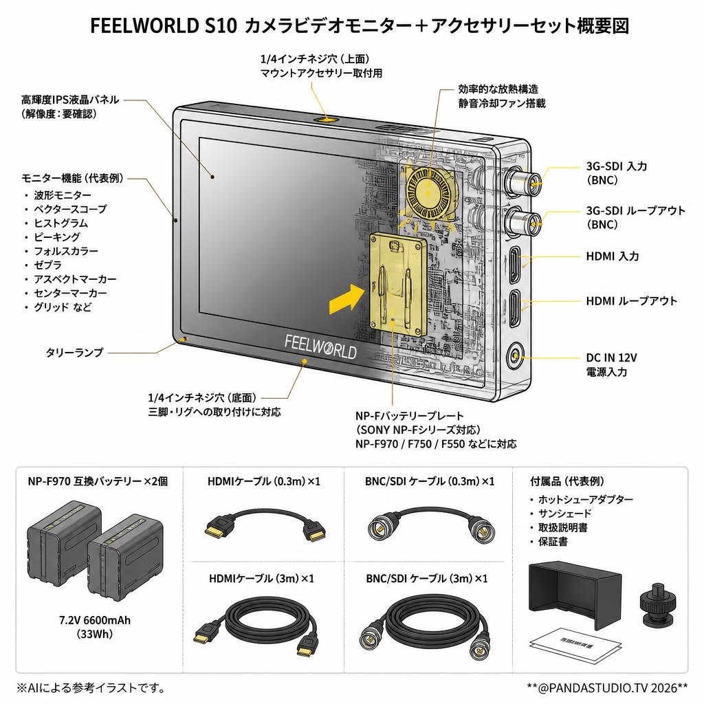 FEELWORLD S10 カメラビデオ モニター＋NP-F970×2個＋HDMIケーブル0.3m/3m＋SDIケーブル0.3m/3mセット スペック