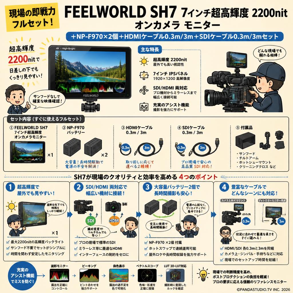 FEELWORLD SH7 7 インチ超高輝度 2200nit オンカメラ モニター ＋NP-F970×2個＋HDMIケーブル0.3m/3m＋SDIケーブル0.3m/3mセット 概要