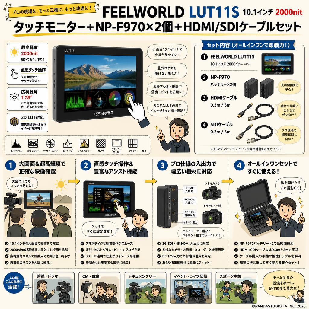 FEELWORLD LUT11S 10.1 インチ 2000nit タッチモニター＋NP-F970×2個＋HDMIケーブル0.3m/3m＋SDIケーブル0.3m/3mセット 概要