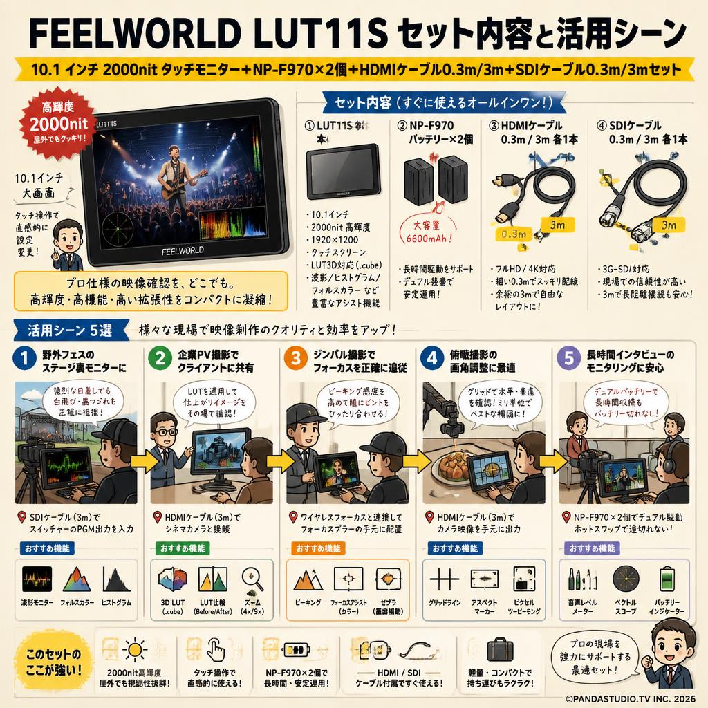 FEELWORLD LUT11S 10.1 インチ 2000nit タッチモニター＋NP-F970×2個＋HDMIケーブル0.3m/3m＋SDIケーブル0.3m/3mセット 用途