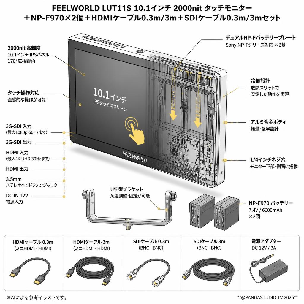 FEELWORLD LUT11S 10.1 インチ 2000nit タッチモニター＋NP-F970×2個＋HDMIケーブル0.3m/3m＋SDIケーブル0.3m/3mセット スペック