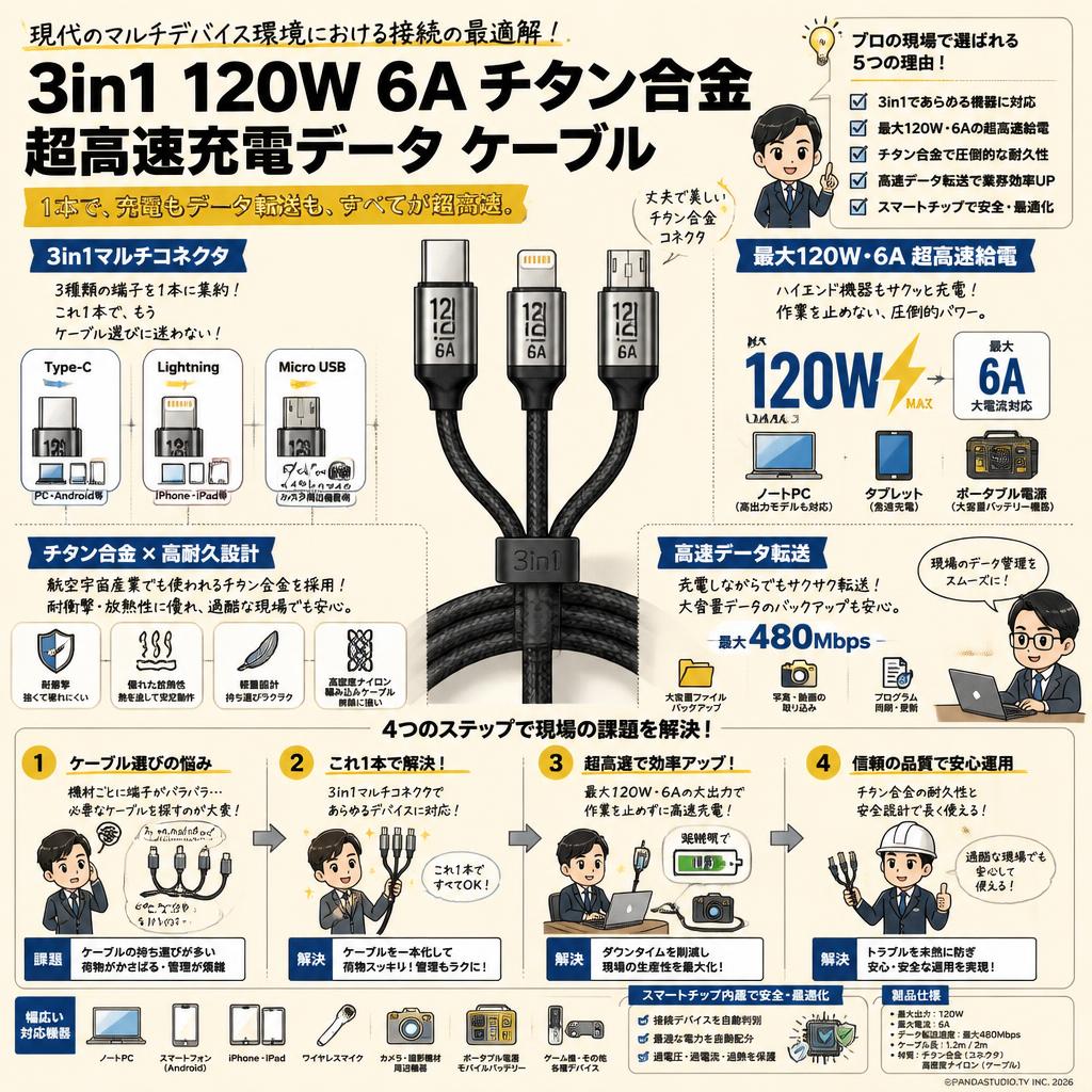 3in1 120W 6A チタン合金 超高速充電データ ケーブル 概要