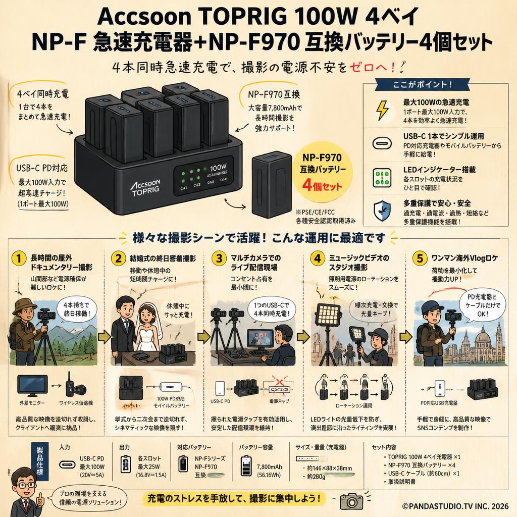 Accsoon TOPRIG 100W 4ベイ NP-F 急速充電器＋NP-F970 互換バッテリー4個セット 用途