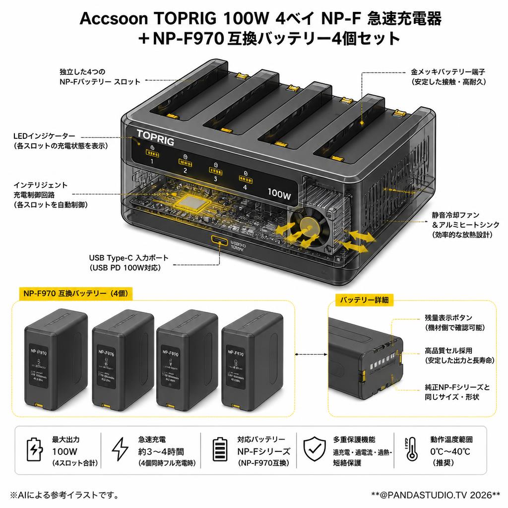 Accsoon TOPRIG 100W 4ベイ NP-F 急速充電器＋NP-F970 互換バッテリー4個セット スペック