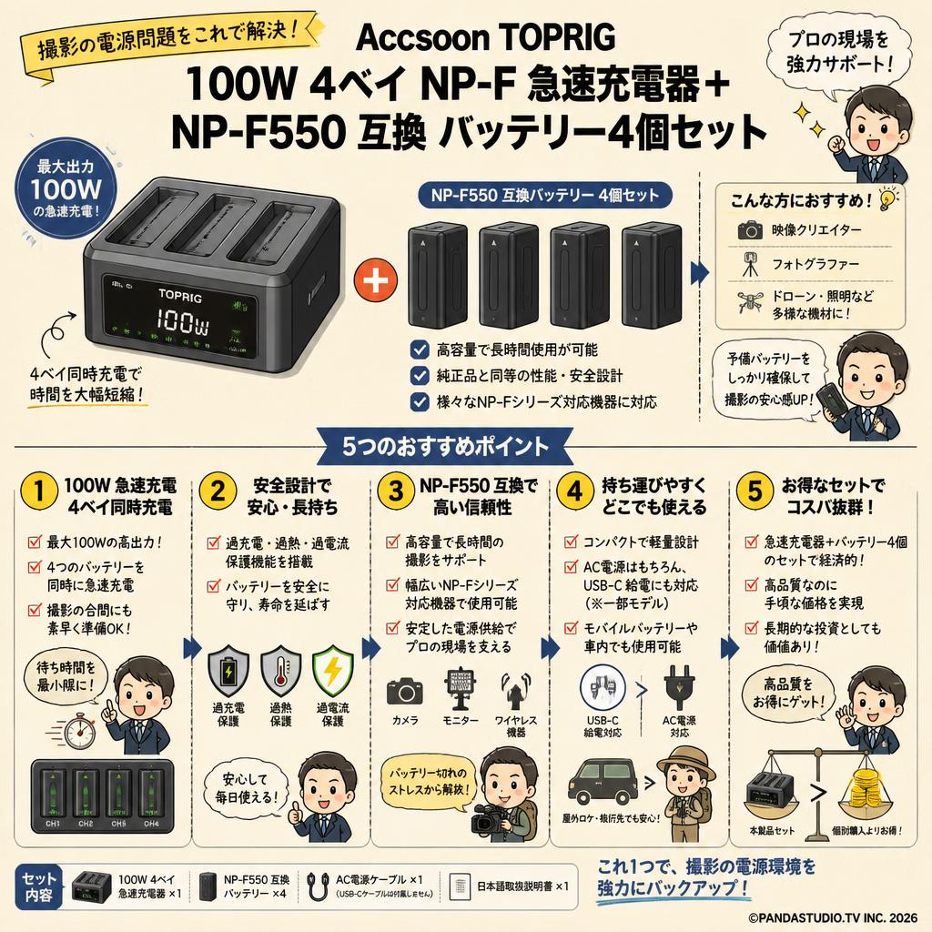 Accsoon TOPRIG 100W 4ベイ NP-F 急速充電器＋ NP-F550 互換 バッテリー4個セット 概要