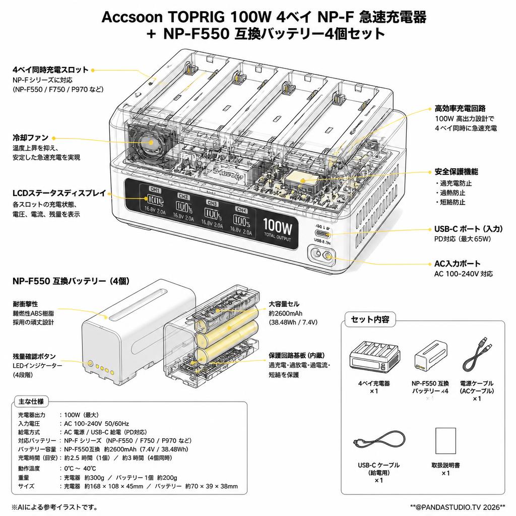 Accsoon TOPRIG 100W 4ベイ NP-F 急速充電器＋ NP-F550 互換 バッテリー4個セット スペック