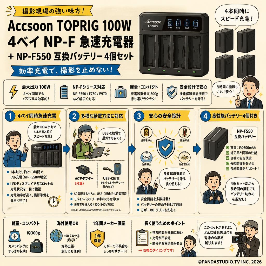 Accsoon TOPRIG 100W 4ベイ NP-F 急速充電器＋ NP-F550 互換 バッテリー4個セット FAQ（よくある質問と答え）