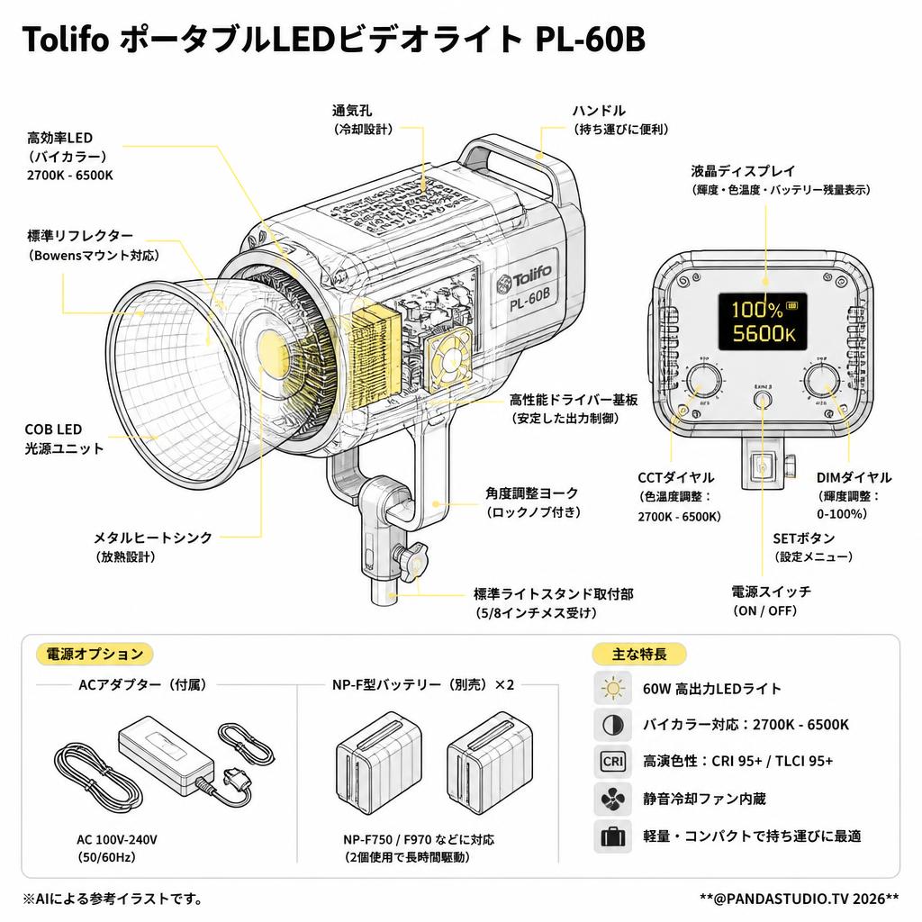 Tolifo ポータブルLEDビデオライト PL-60B スペック
