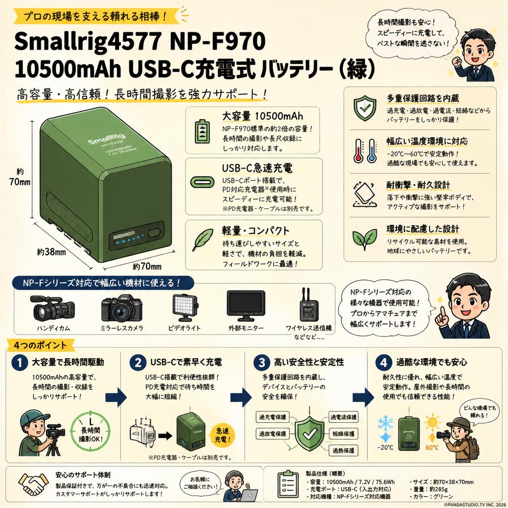 Smallrig4577 NP-F970 10500mAh USB-C充電式 バッテリー 緑 概要