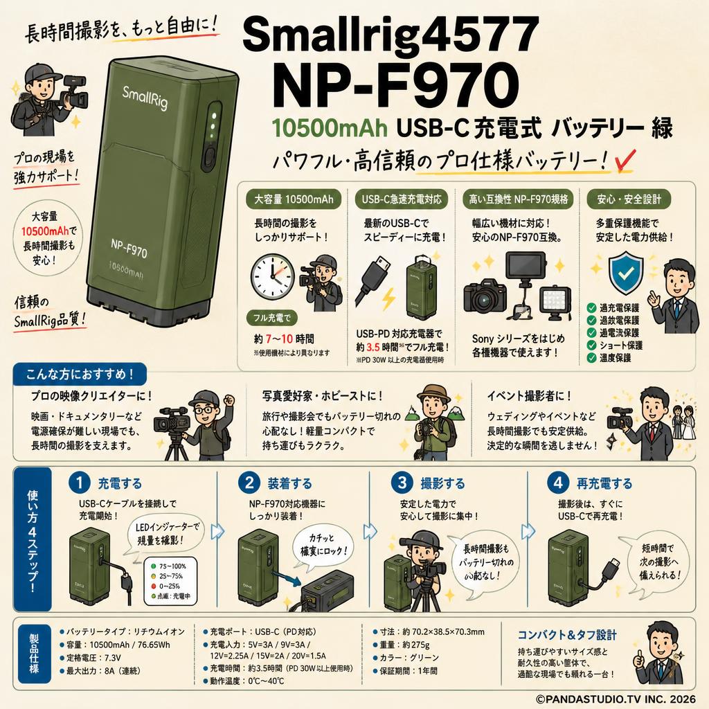 Smallrig4577 NP-F970 10500mAh USB-C充電式 バッテリー 緑 おもな対象のお客様