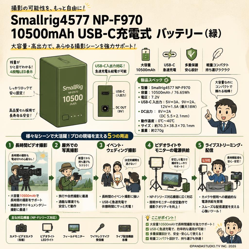 Smallrig4577 NP-F970 10500mAh USB-C充電式 バッテリー 緑 用途