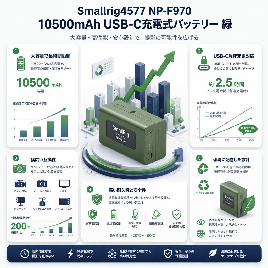 Smallrig4577 NP-F970 10500mAh USB-C充電式 バッテリー 緑 セールスポイント