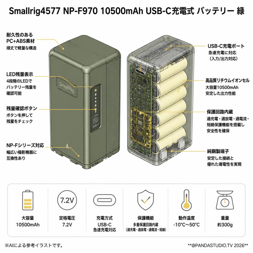 Smallrig4577 NP-F970 10500mAh USB-C充電式 バッテリー 緑 スペック