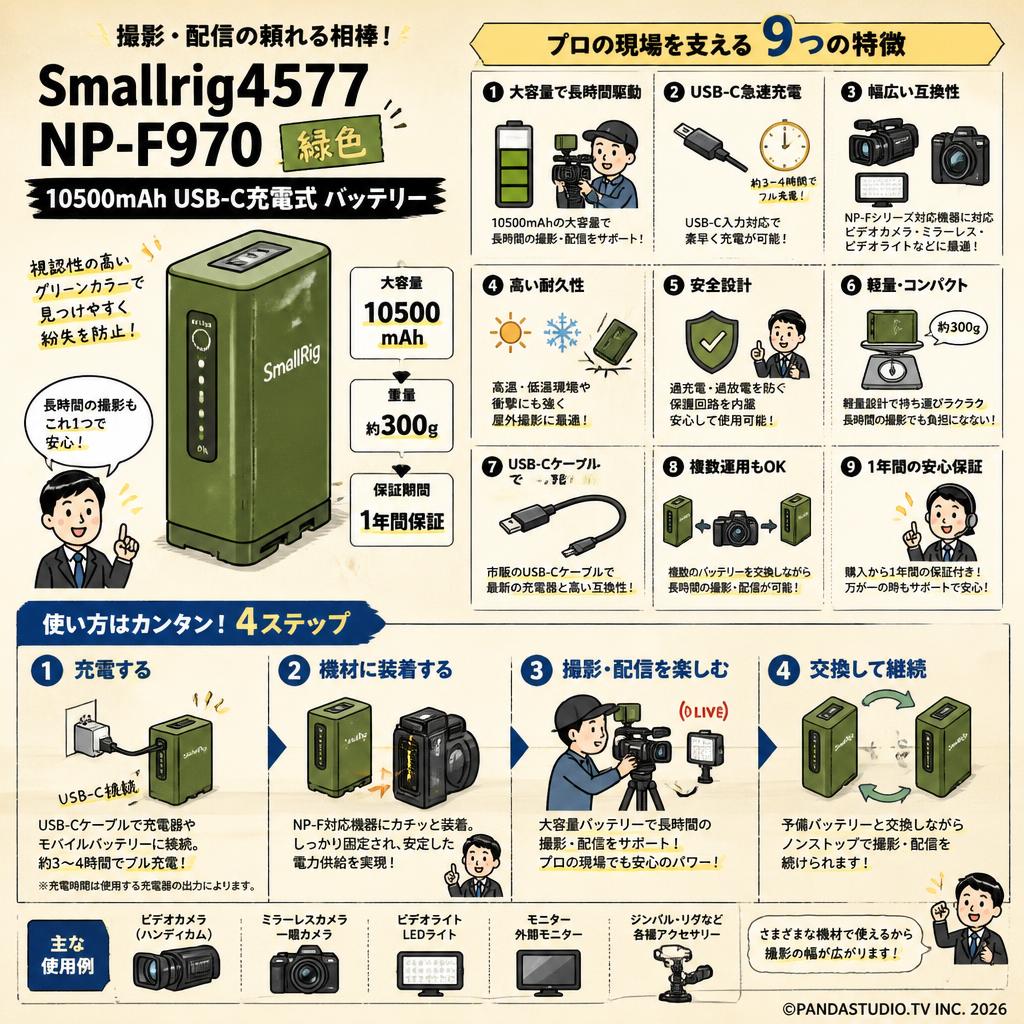 Smallrig4577 NP-F970 10500mAh USB-C充電式 バッテリー 緑 FAQ（よくある質問と答え）