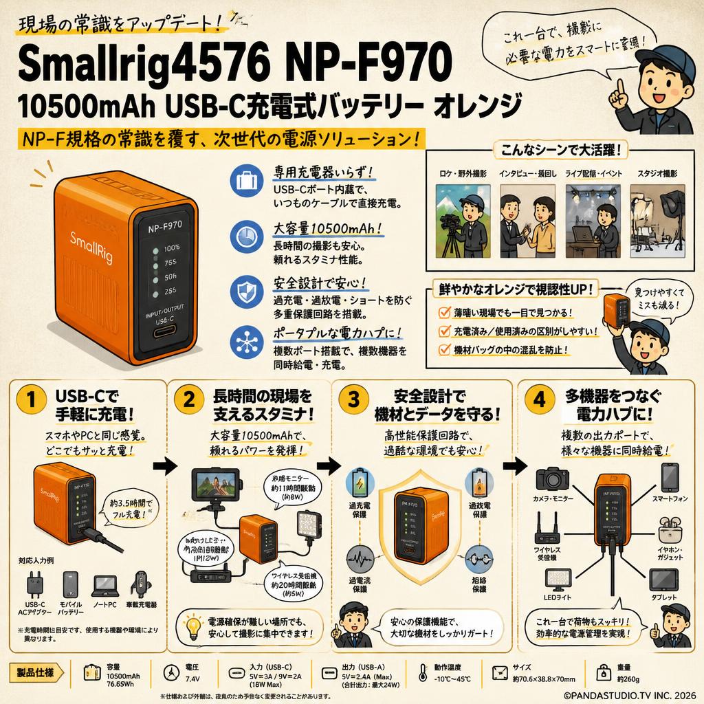 Smallrig4576 NP-F970 10500mAh USB-C充電式 バッテリー オレンジ 概要