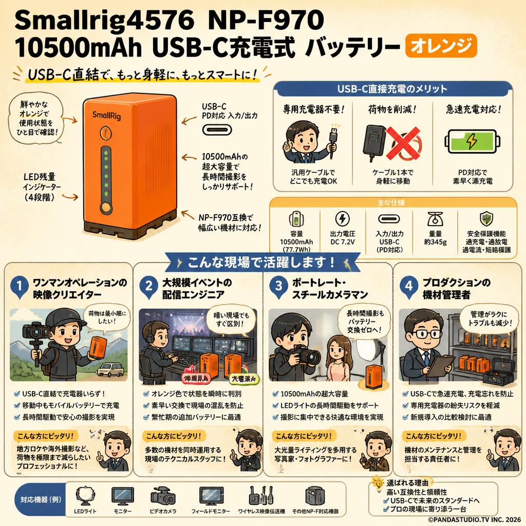 Smallrig4576 NP-F970 10500mAh USB-C充電式 バッテリー オレンジ おもな対象のお客様