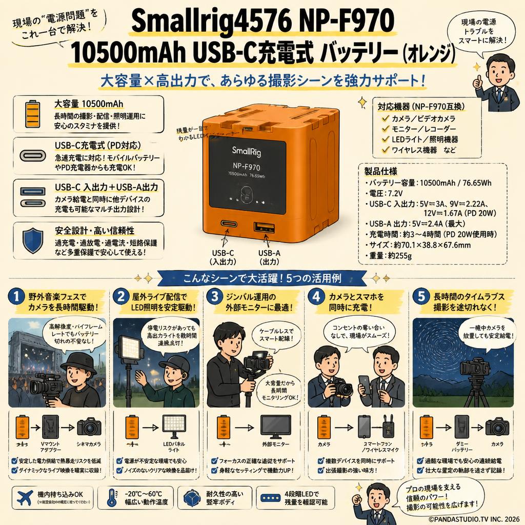 Smallrig4576 NP-F970 10500mAh USB-C充電式 バッテリー オレンジ 用途