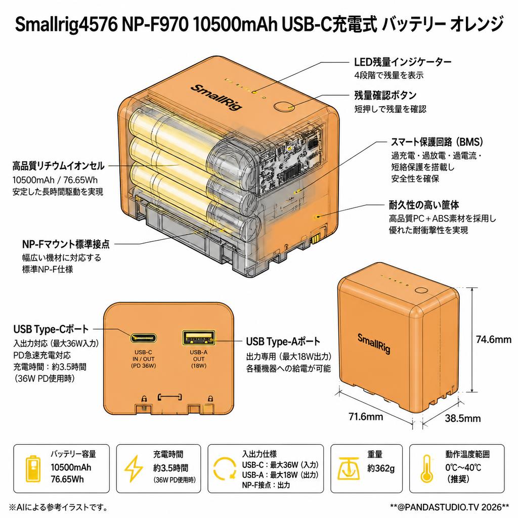 Smallrig4576 NP-F970 10500mAh USB-C充電式 バッテリー オレンジ スペック