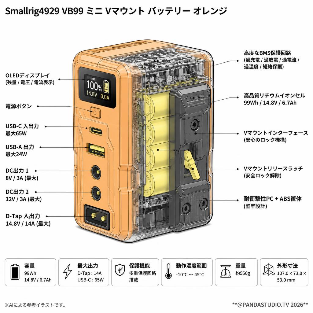Smallrig4929 VB99 ミニ Vマウント バッテリー オレンジ スペック