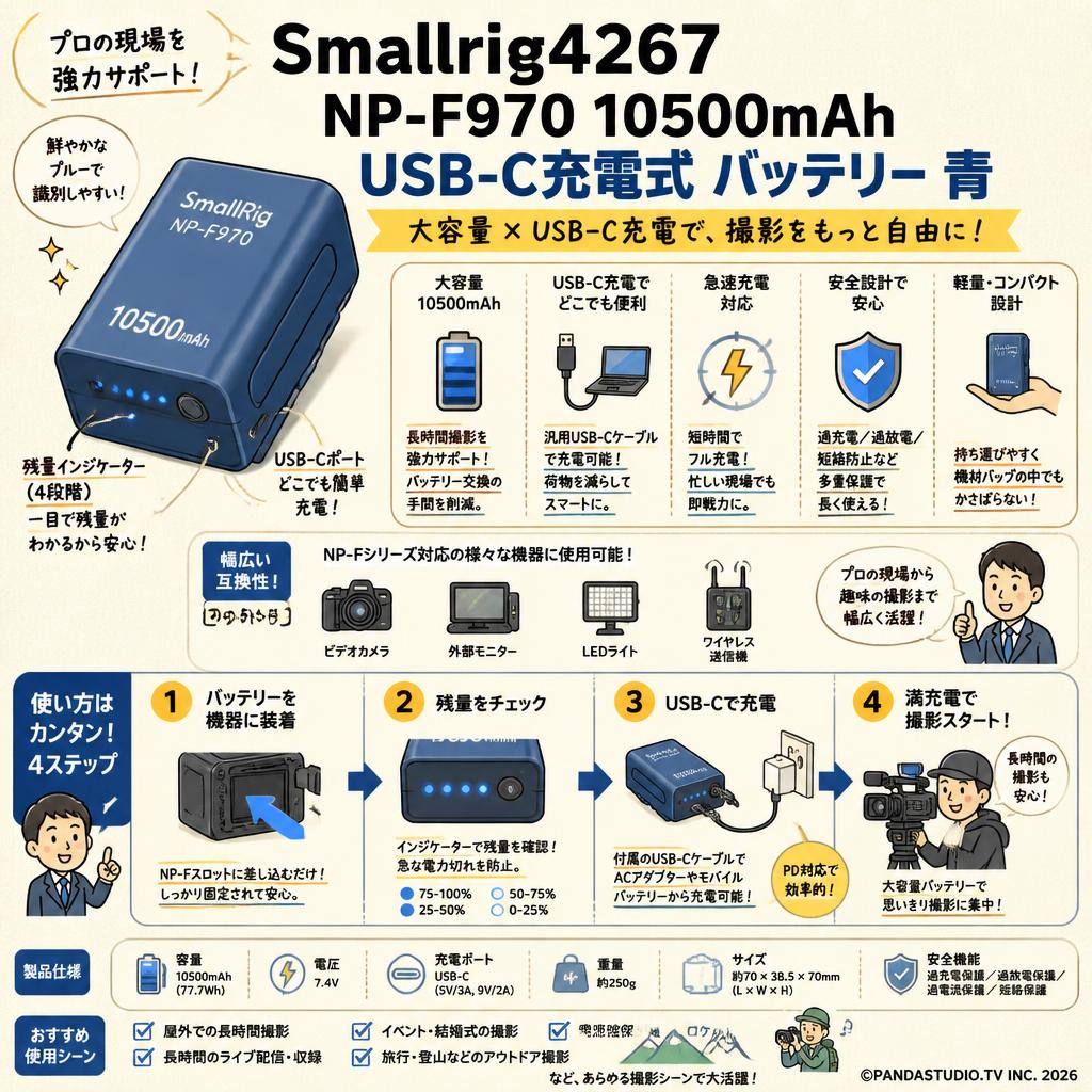 Smallrig4267 NP-F970 10500mAh USB-C充電式 バッテリー 青 概要