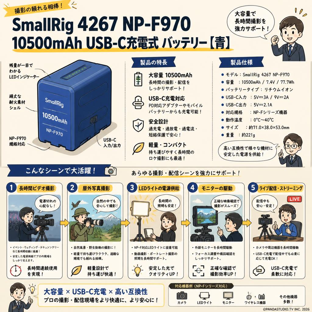 Smallrig4267 NP-F970 10500mAh USB-C充電式 バッテリー 青 用途