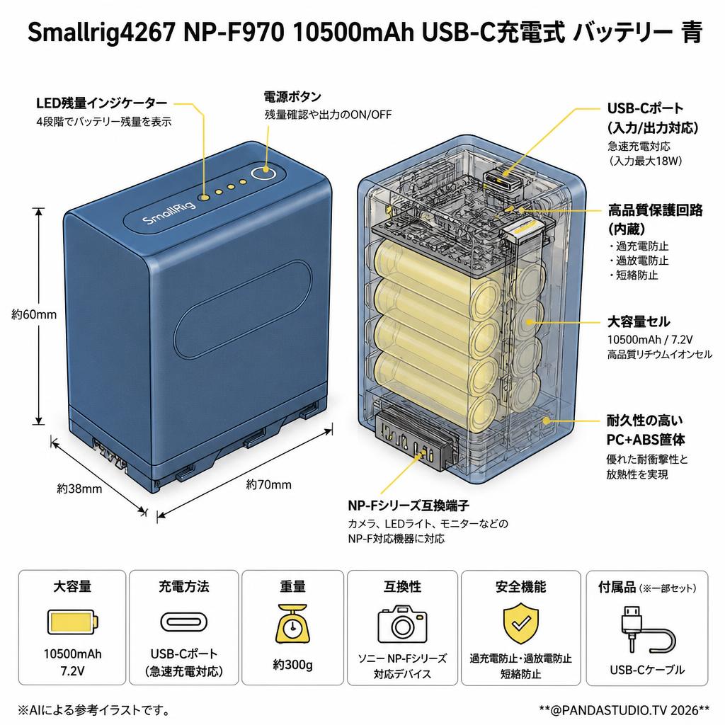 Smallrig4267 NP-F970 10500mAh USB-C充電式 バッテリー 青 スペック