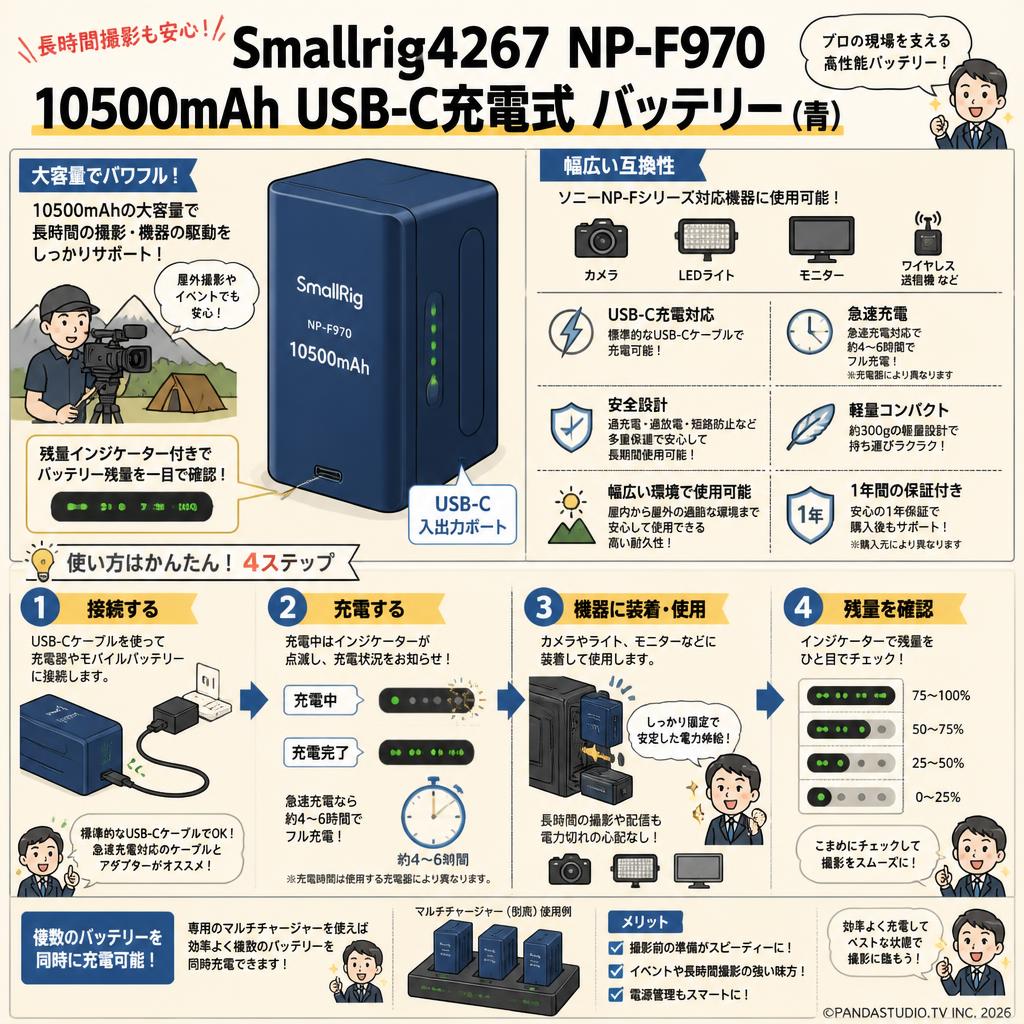 Smallrig4267 NP-F970 10500mAh USB-C充電式 バッテリー 青 FAQ（よくある質問と答え）