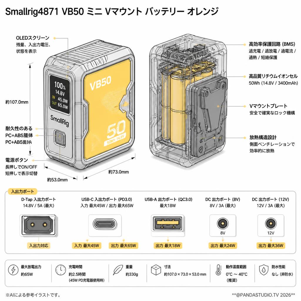 Smallrig4871 VB50 ミニ Vマウント バッテリー オレンジ スペック