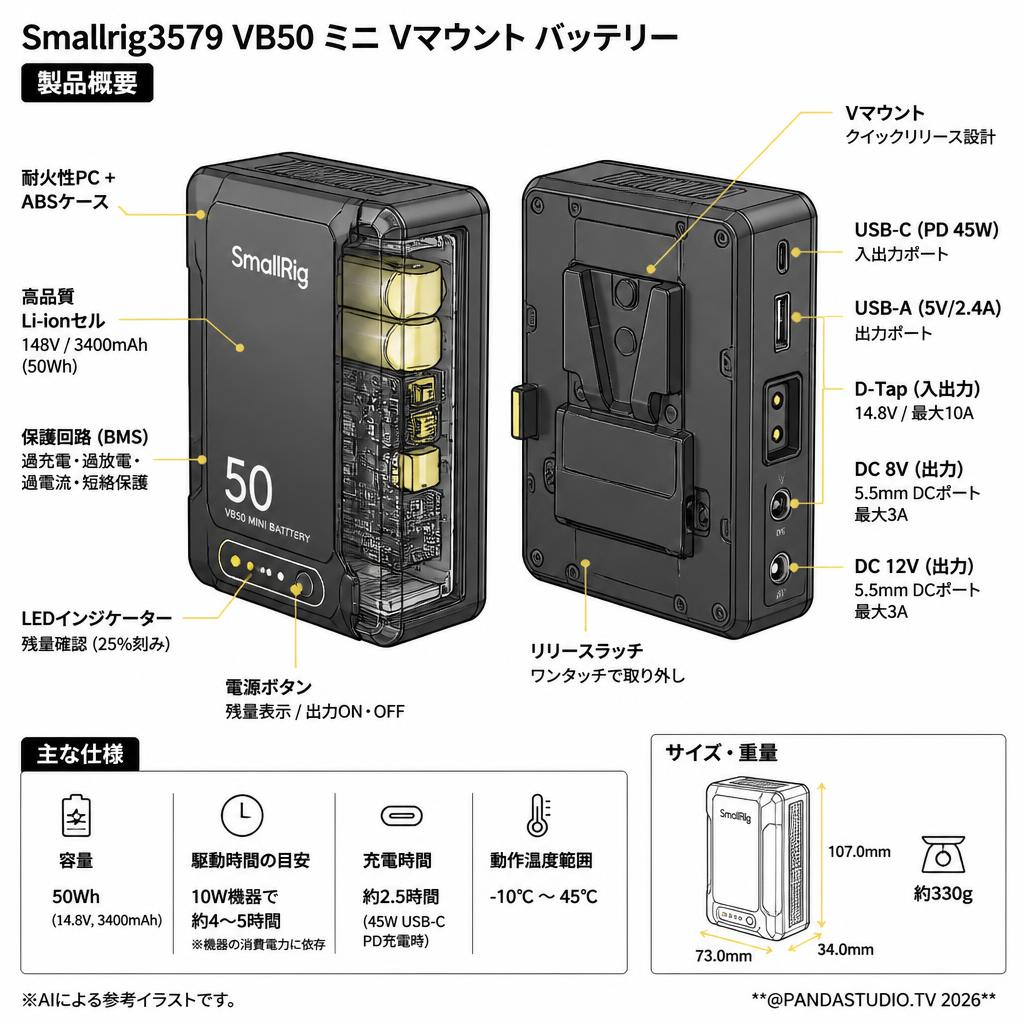 Smallrig3579 VB50 ミニ Vマウント バッテリー ブラック スペック
