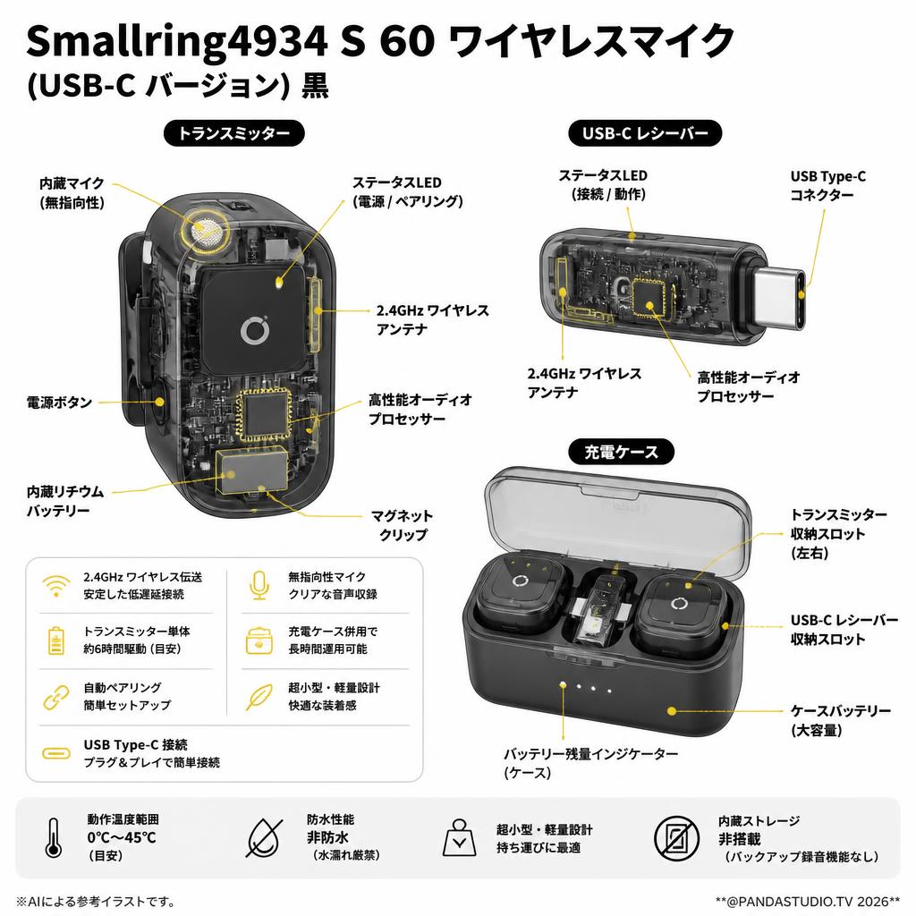Smallring4934 S 60 ワイヤレスマイク (USB-C バージョン) 黒 スペック