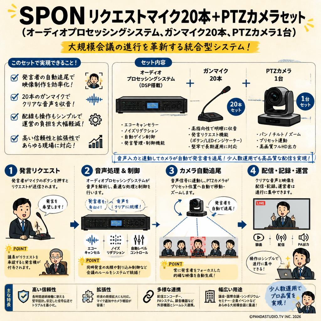 SPON リクエストマイク20本+PTZカメラセット（オーディオプロセッシングシステム、ガンマイク20本、PTZカメラ1台） 概要