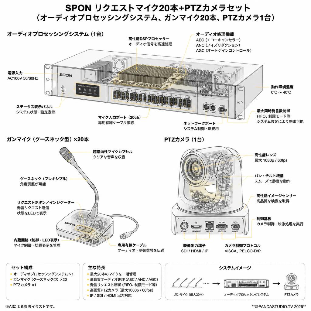 SPON リクエストマイク20本+PTZカメラセット（オーディオプロセッシングシステム、ガンマイク20本、PTZカメラ1台） スペック