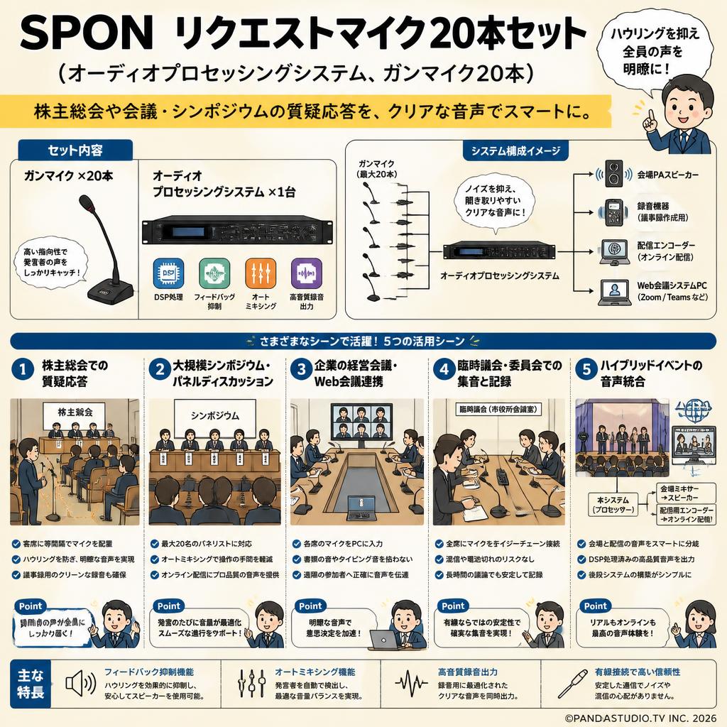 SPON リクエストマイク20本セット（オーディオプロセッシングシステム、ガンマイク20本） 用途
