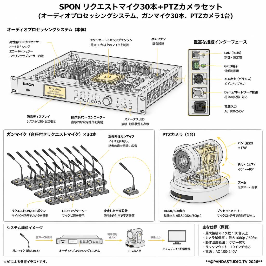 SPON リクエストマイク30本+PTZカメラセット（オーディオプロセッシングシステム、ガンマイク30本、PTZカメラ1台） スペック