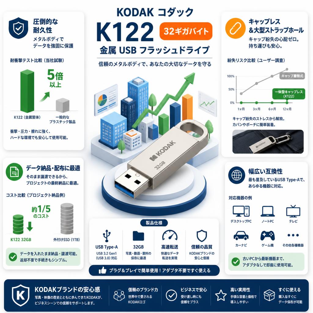 KODAK コダック 1個 K122 金属 USB フラッシュドライブ 32ギガバイト セールスポイント