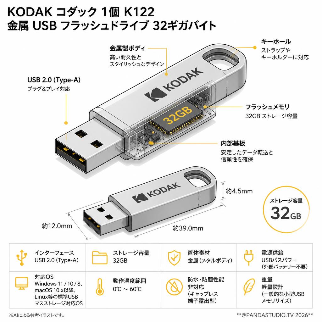 KODAK コダック 1個 K122 金属 USB フラッシュドライブ 32ギガバイト スペック