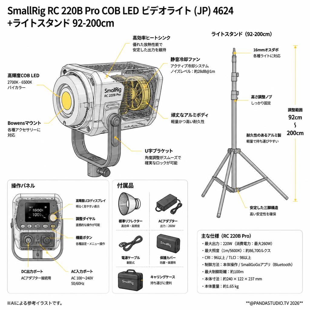 SmallRig RC 220B Pro COB LED ビデオライト (JP) 4624+ライトスタンド 92-200cm スペック