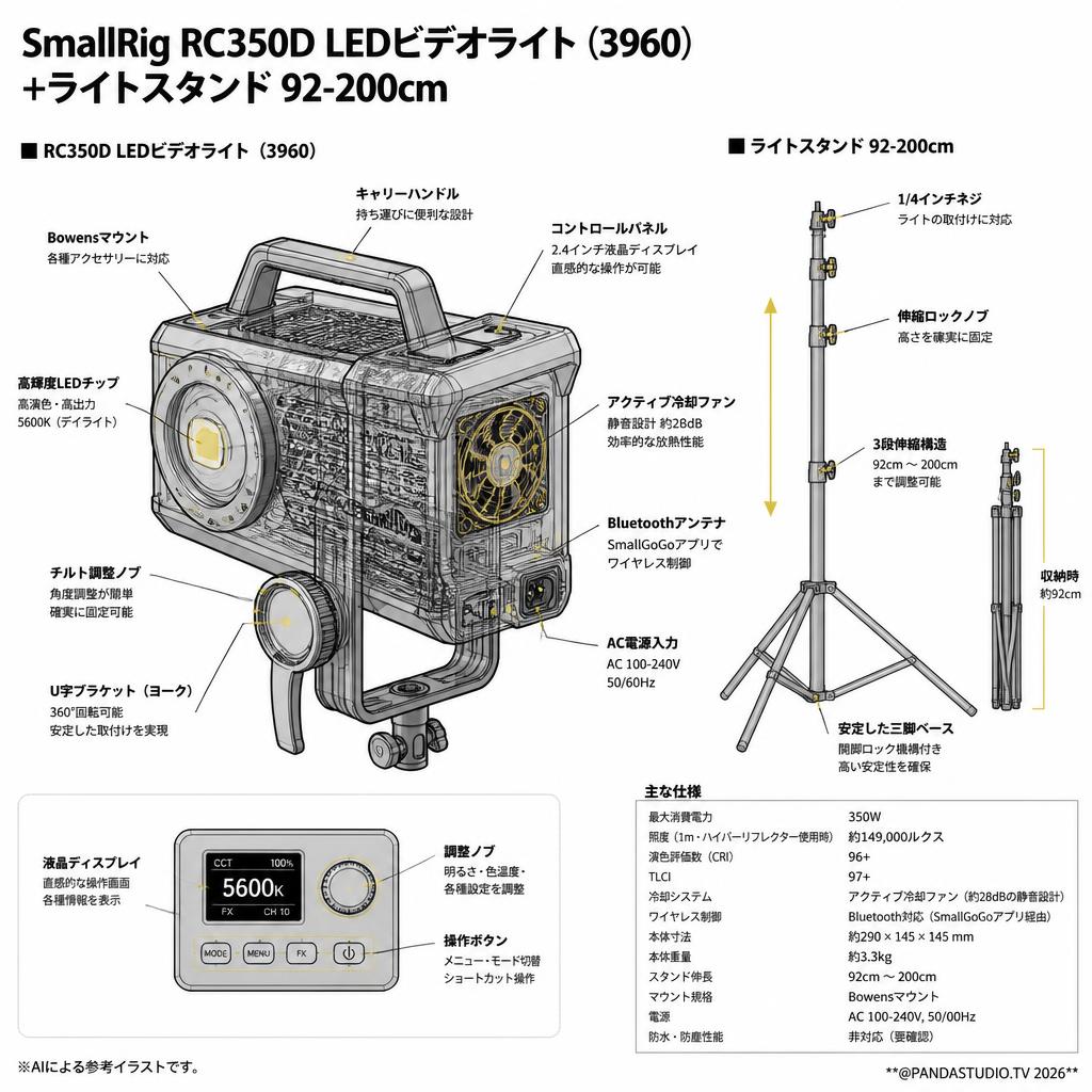 SmallRig RC350D LEDビデオライト (3960)+ライトスタンド 92-200cm スペック
