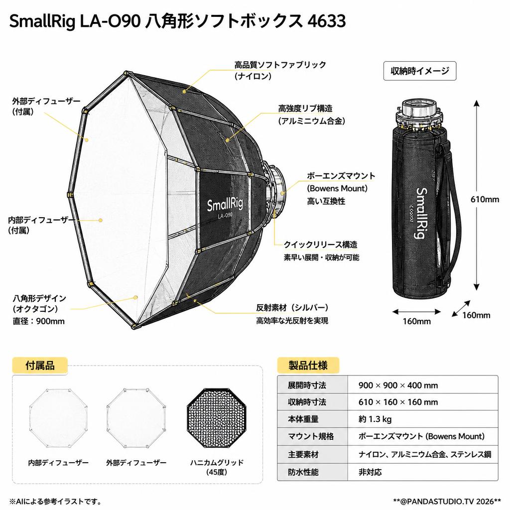SmallRig LA-O90 八角形ソフトボックス 4633 スペック