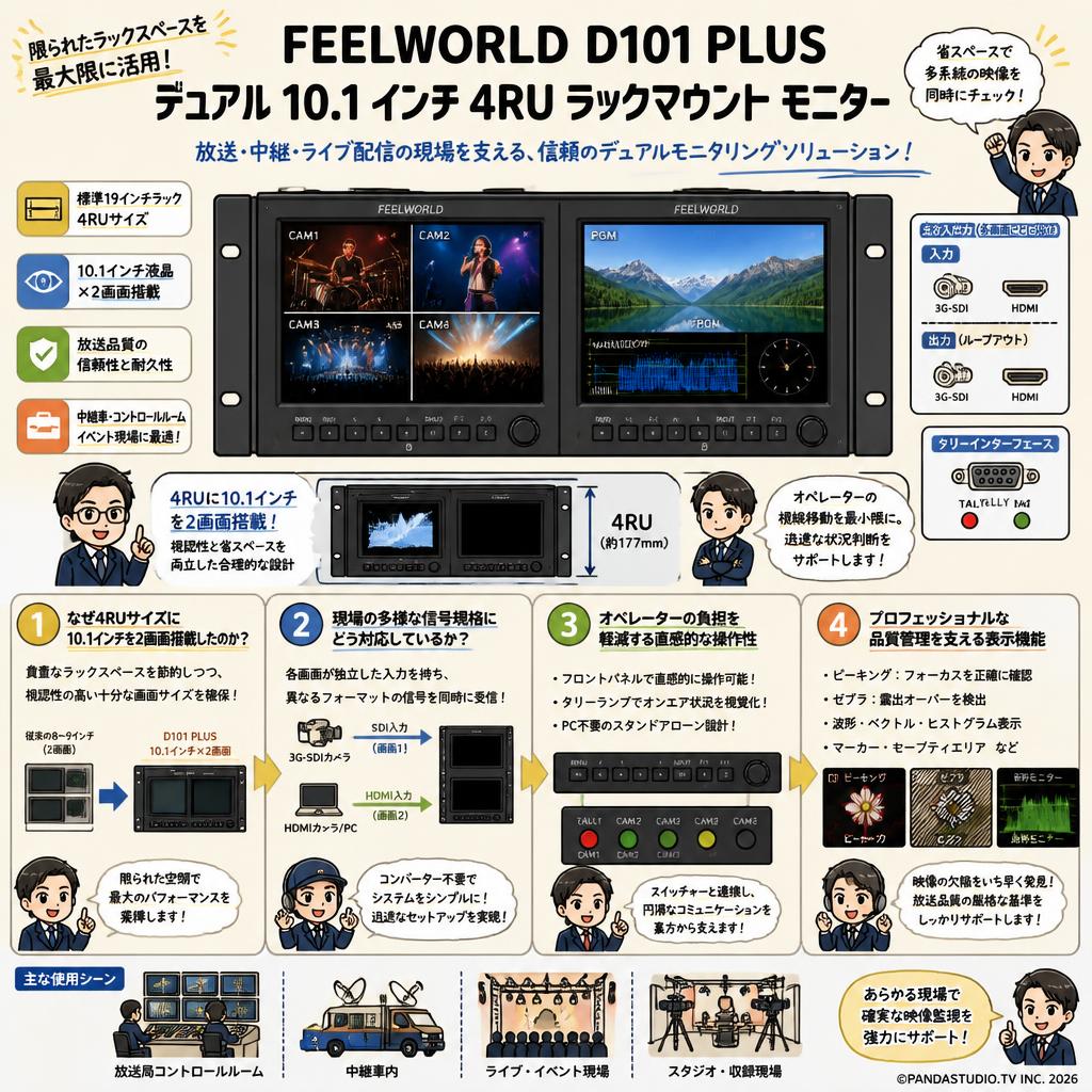 FEELWORLD D101 PLUS デュアル 10.1 インチ 4RU ラックマウント モニター 概要