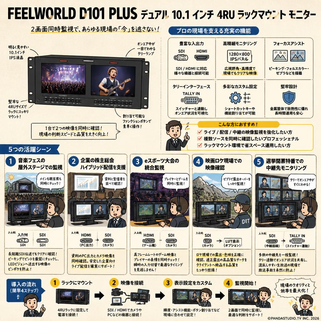 FEELWORLD D101 PLUS デュアル 10.1 インチ 4RU ラックマウント モニター 用途