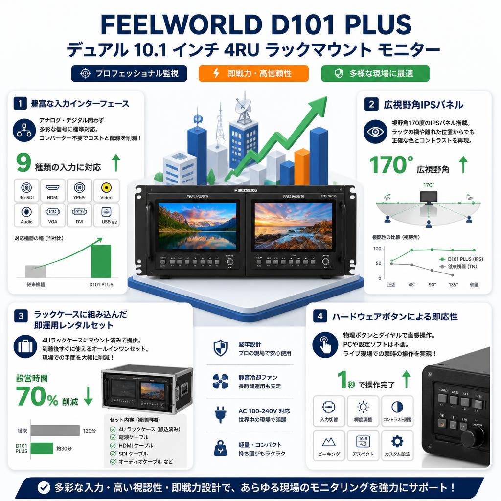 FEELWORLD D101 PLUS デュアル 10.1 インチ 4RU ラックマウント モニター セールスポイント