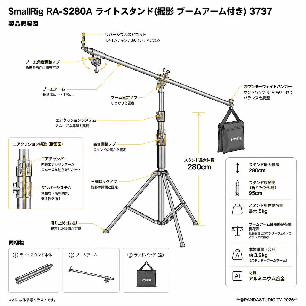 SmallRig RA-S280A ライトスタンド(撮影 ブームアーム付き) 3737 スペック