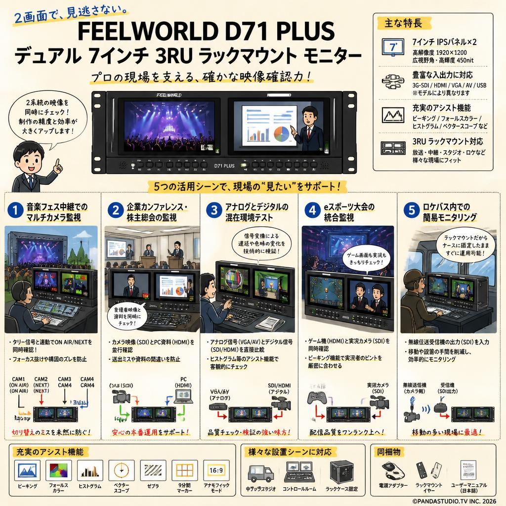 FEELWORLD D71 PLUS デュアル 7 インチ 3RU ラックマウント モニター 用途