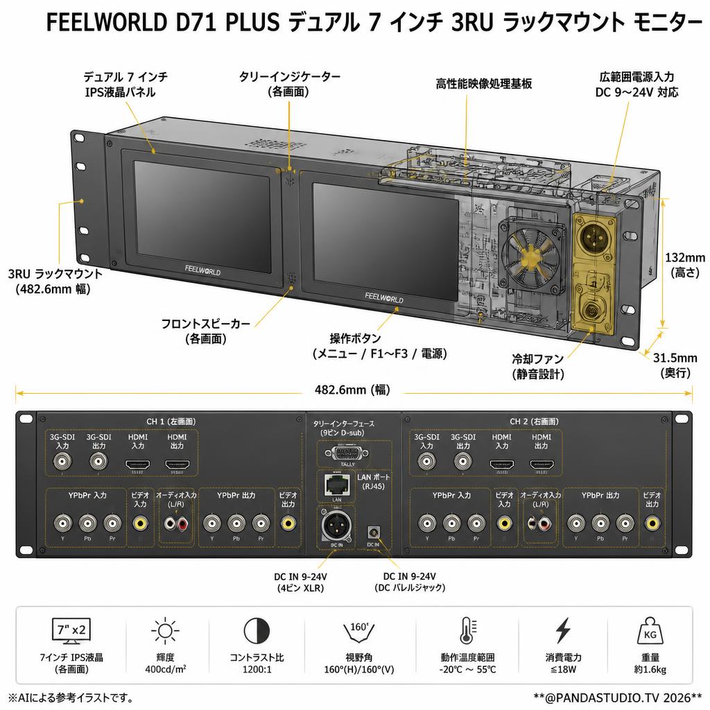 FEELWORLD D71 PLUS デュアル 7 インチ 3RU ラックマウント モニター スペック