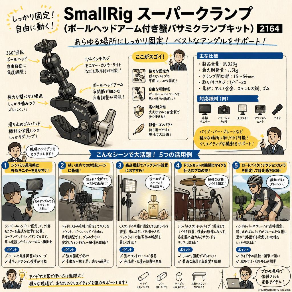 SmallRig スーパークランプ （ボールヘッドアーム付き蟹バサミクランプキット） 2164 用途