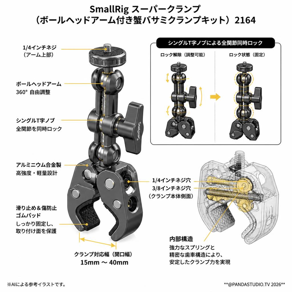 SmallRig スーパークランプ （ボールヘッドアーム付き蟹バサミクランプキット） 2164 スペック